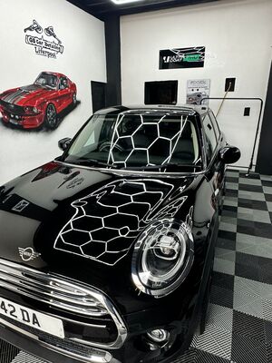Polished black Mini Cooper bonnet reflecting hexagonal studio lights after paint correction
